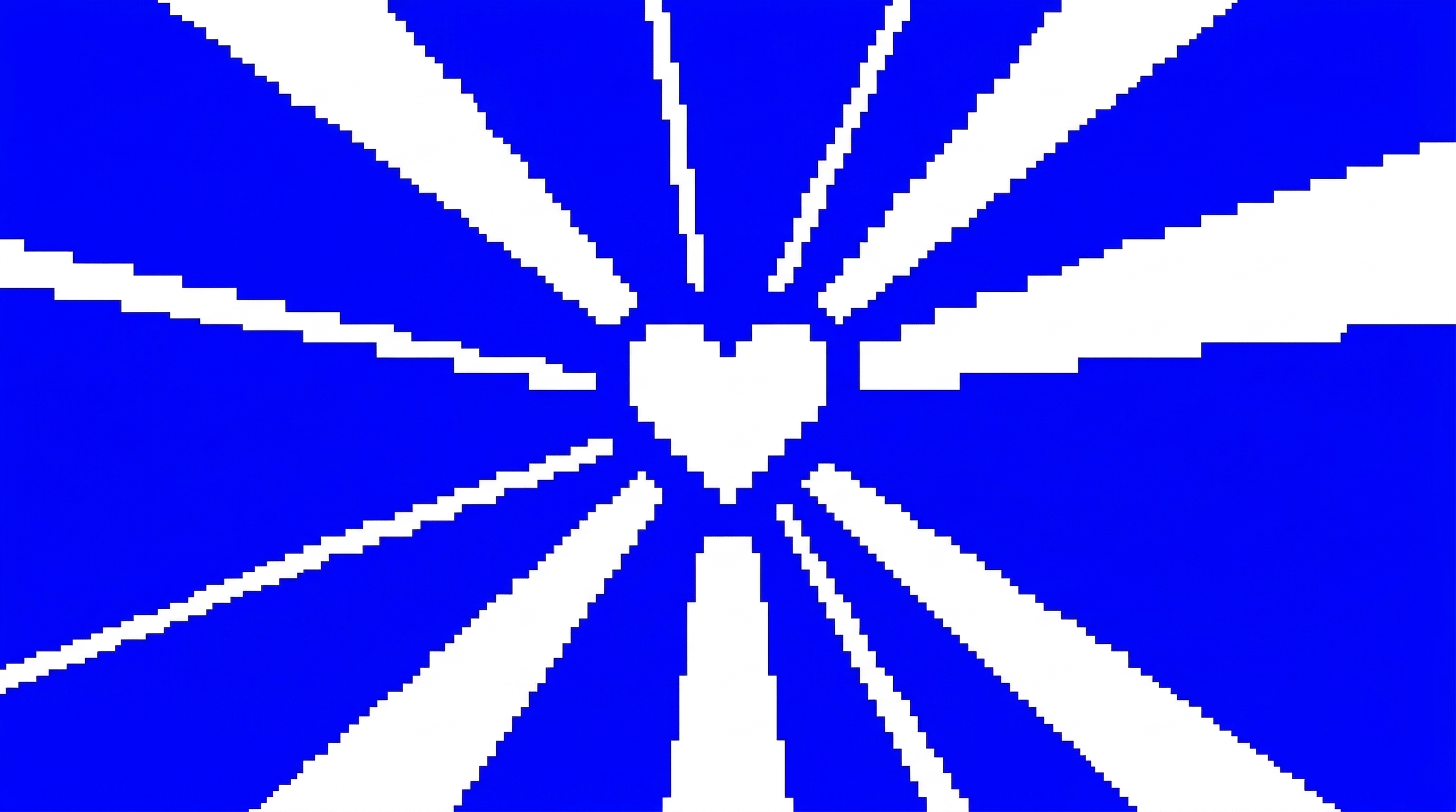 Pixel art white heart radiating beams of light